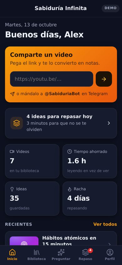Home: share a video, today's ideas to review and your library's numbers