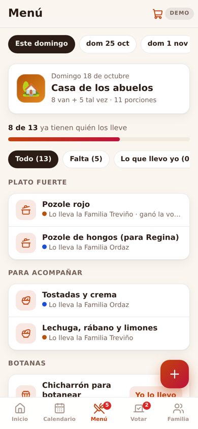 The menu: who brings each dish, what is still missing, and a warning when a dish repeats