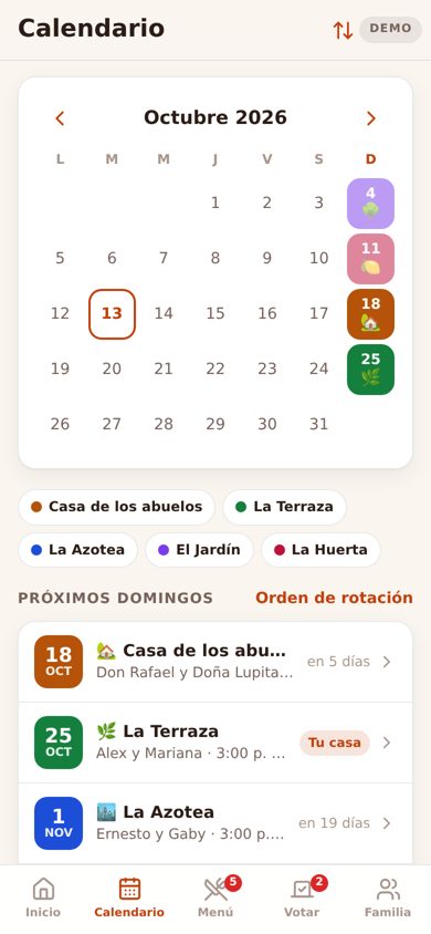 The calendar with the rotation of the houses and the next Sundays