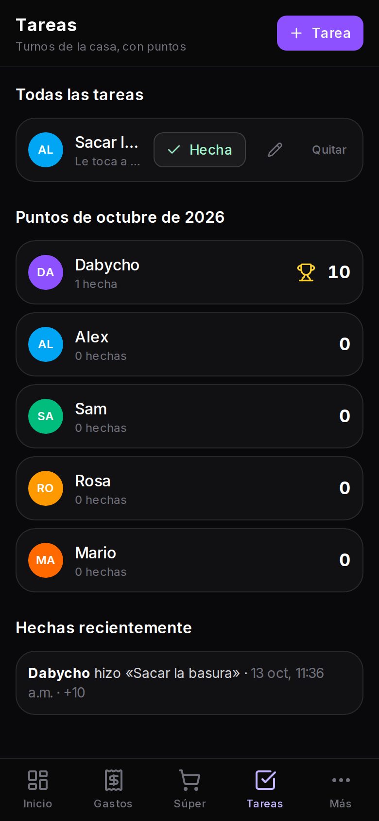 Chores with points on a phone