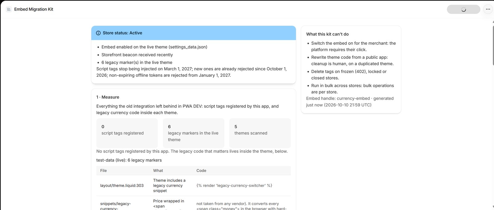 «Active»: the embed is on, the beacon arrived and the kit found 6 legacy markers in the published theme