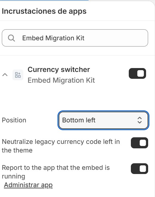 The kit's «Currency switcher» embed switched on in the theme editor