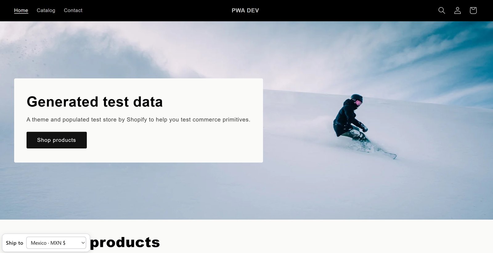 The test store with the new «Ship to: Mexico · MXN» selector, served by the embed, not by a script tag